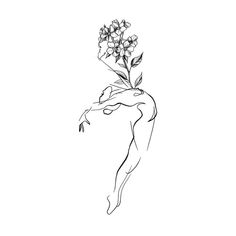 a line drawing of a woman with flowers on her head and body, in the air