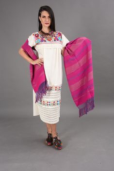 "Huipil Mexicano unitalla huipil dress features floral embroidery and satin details at the seams on a natural, non bleached manta cotton base. So sweet, perfect for summer! Best fits: SM/MED Length: 43.5\" Width: 24.5\"" White Folk Dress With Weaving Work, Folk Style Handwoven Cotton Dress, Mexican Traditional Dress, Dress Hand Embroidery, Huipil Dress, Traditional Mexican Dress, Hand Embroidery Dress, Mexican Dress, Mexican Dresses