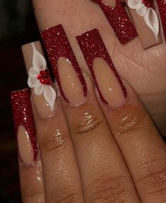 Red And Silver Nails, Sweet 16 Nails, Cute Red Nails, Quince Nails, Prom Nails Red, Quinceanera Nails, Red And Gold Nails, Red Nails Glitter, Maroon Nails