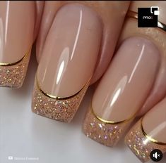 Gold Coffin Nail Ideas, French Tip With Gold Design, Gold Sparkle French Tip Nails, Gold And Nude Nails, French Tip Nails With Gold, French Manicure With Gold, Champagne Nail Designs, Rose Gold Nail Ideas, Acrylic Nails With Gold