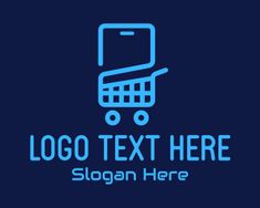 a blue shopping cart logo on a dark background with the text,'shop here '