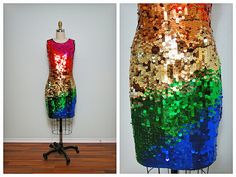 "Such a colorful dress! It's fully embellished with multi color sequins all over and in good vintage condition! Measurements: (note, the measurements range because there is some stretch in the fabric) Bust - 32-36\" Waist - 26-30\" Hips - 36-40\" Length - 34\" Tag Size - Small This dress comes from a pet-free and smoke-free home. If you would like more info or have any questions, please don't hesitate to ask!" Multicolor Sequined Disco Dresses, Multicolor Disco Sequin Dress For Summer, Fitted Multicolor Sequin Dress, Multicolor Sequin Fabric For Disco In Summer, Festive Multicolor Sequined Dress, Fitted Multicolor Sequin Fabric For Summer, Multicolor Fitted Disco Dresses, Multicolor Fitted Sequin Dress For Cocktail, Fitted Multicolor Sequin Dress For Cocktail