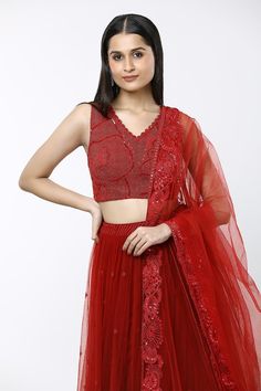 Red lehenga with sea coral embroidery and buttis spread. Comes with matching embroidered blouse and dupatta. - Aza Fashions Pleated Lehenga, Coral Embroidery, Lehenga Pattern, Red Lehenga, Sea Coral, Soft Tulle, Embroidered Blouse, Set For Women, Aza Fashion