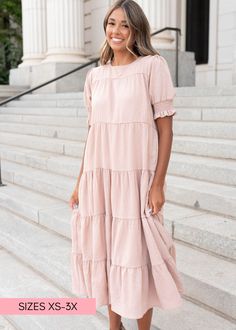 Tiered taupe dress with tiered skirt Dusty Blush, Plus Jumpsuit, Blush Dress, Blush Dresses, Denim Joggers, Curvy Dress, Tier Skirt, Plus Dresses, Dress With Cardigan