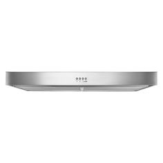 a stainless steel range hood with four knobs on the front and two lights on the back