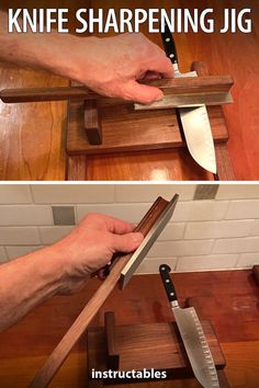 two pictures showing how to use a knife sharpening jig for woodworking projects