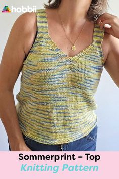 Get started on this DIY project on Sommerprint – Top Knitting Pattern. SIZE S (M) L (XL) XXL MEASUREMENTS Length: 53 (54) 55 (56) 57 cm / 20.9 (21.3) 21.7 (22) 22.4″ Bust circumference: 90 (95) 101 (107) 112 cm / 35.4 (37.4) 39.8 (44.1)″ ABOUT THE PATTERN A simple top where the multi-colored Friends Cotton Silk Print yarn is shown to its full advantage. The top is worked top down. The back piece and front piece are identical. Use the top on a warm summer day �– it is suitable for both casual and Knit Tank Top Pattern, Diy Tank Top, Top Knitting Pattern, Summer Top Pattern, Trendy Tank Tops, Tweed Yarn, Princess Diana Pictures, Yarn Accessories, Bamboo Yarn