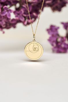 Fibonacci sequences is a thoughtful gift for Birthdays, Baby Showers, Anniversaries and Weddings ● 14K SOLID GOLD ● FREE BACK SIDE PERSONALIZATION ● FREE SHIPPING  ● Inner diameter of the jump ring is 4mm ● Pendant thickness is 0.5mm 🇺🇸 All items are HANDMADE IN USA 🇺🇸 All materials are sourced from USA ● Chain Length Options    - Without Chain    - 40 cm / 16 inches    - 45 cm / 18 inches    - 50 cm / 20 inches ● Pendant Size Options    - 13  mm  / 0.51 Inches diameter     - 14  mm  / 0.55 Spiral Yellow Gold Necklace For Gift, Spiral Rose Gold Jewelry Gift, Personalized Pendant, Necklace Personalized, Girly Jewelry, Jewelry Gold, Elegant Jewelry, Artisan Jewelry, Chain Length