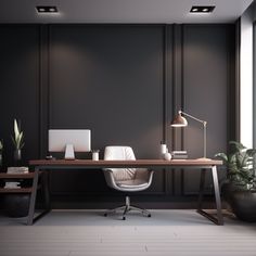 an office with a desk, chair and potted plant