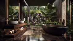 a bath room with a tub a sink and some plants on the wall next to it