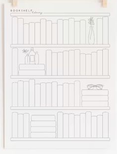 a drawing of bookshelves with glasses on them and a plant in the middle