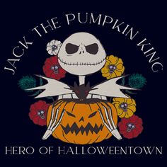 jack the pumpkin king shirt with flowers and skulls on it's chest, says hero of halloween town