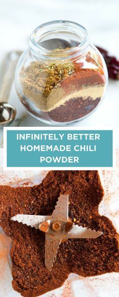 the ingredients for this homemade chili powder are in a jar and on top of each other