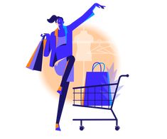 a woman with shopping bags in her hand is pushing a shopping cart and pointing at something