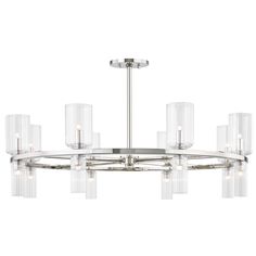 a chrome chandelier with clear glass shades on the top and bottom tiers