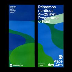 two book covers with blue and green designs on them, one is for printemps nordique 4 - 29 avrili programmie oriciiell place des arts