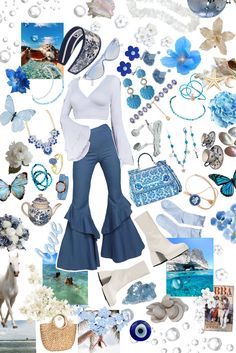 a collage of blue and white items including shoes, bracelets, necklaces