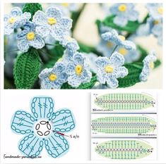 crocheted flowers and leaves are shown in this collage with the same pattern