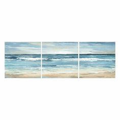 three pieces of art depicting the ocean and sand