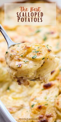 a spoon full of potato casserole with text overlay