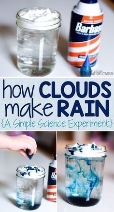 how to make clouds in a glass jar with water and glue on the bottom, and an image of someone dipping something into it