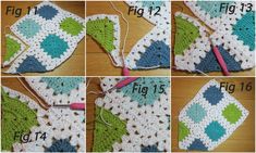 four pictures showing the steps in crochet to make a granny's afghan