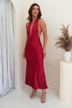 Kaylah Satin Halter Neck Maxi Dress | Red Halter Top Red Dress, Satin Party Dress With Keyhole Back, Party Dress With Keyhole Back In Satin, Party Satin Dress With Keyhole Back, Red Fitted Backless Satin Dress, Red Satin Dress For Date Night, Red Midi Length Satin Dress, Elegant Red Backless Satin Dress, Red Tie Back Midi Dress For Party