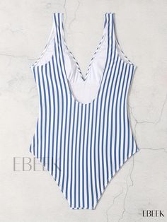 Ebeek - Womens High Cut Tummy Control One Piece Swimsuit - Blue Stripes Print, Deep V Neck, Medium Stretch - Ideal for Beach or Pool - Swimwear & Clothing Striped V-neck Swimwear For Beach, Casual Beach One-piece With Lined Body, Striped Sleeveless Summer Bodysuit, Striped V-neck Swimwear For Vacation, Casual One-piece Bodysuit For Beach, Striped Summer Bodysuit For Beach Season, Striped Bodysuit For Vacation Beachwear, Summer Sleeveless Striped Bodysuit, Summer Striped Sleeveless Bodysuit