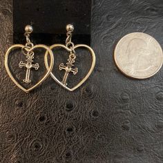 Goth Cross And Heart Outline Silver Dangling Post Earrings Victorian Gold Earrings, Hello Kitty Stud Earrings, Goth Cross, Flag Beads, Michael Kors Earrings, Blue Drop Earrings, Beautiful Stud Earrings, Tiffany Earrings, Seashell Earrings