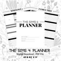 the sims 4 planner is shown in black and white, with flowers on it