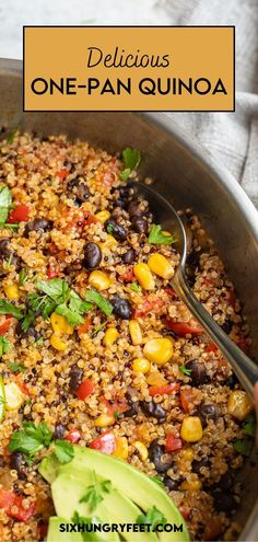 a pan filled with rice, beans and avocado on top of a table