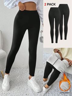 2Pcs Women's Solid Color Warm Base Layer  With Leggings, Autumn/Winter Black Casual   Knitted Fabric Plain Regular Medium Stretch  Women Clothing, size features are:Bust: ,Length: ,Sleeve Length: Rose Fashion, Coverup Skirt, Plus Size Leggings, Womens Shoes High Heels, Tight Leggings, Base Layer, Black Casual, Maternity Bag, Shapewear