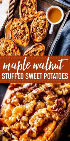 maple walnut stuffed sweet potatoes on a baking sheet