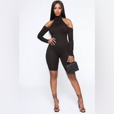 Fashion Nova - Ruche Hour Colder Shoulder Romper - Black - M Never Worn Black Stretch Jumpsuits And Rompers For Fall, Fall Black Stretch Jumpsuits And Rompers, Black Jumpsuits And Rompers For Fall, Stretch Jumpsuits And Rompers For Going Out, Black Jumpsuits And Rompers For Evening, Black Trendy Long Sleeve Jumpsuits And Rompers, Stretch Jumpsuits And Rompers For Date Night In Fall, Chic Black Stretch Jumpsuits And Rompers, Black Jumpsuits And Rompers For Spring Club Events