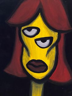 a painting of a woman's face with red hair and an angry expression on her face