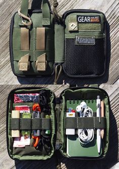 two green cases filled with items on top of a wooden table