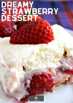 a slice of strawberry ice cream pie on a white plate with strawberries in the background