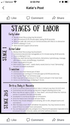 a purple and black poster with the words stages of labor written in white on it