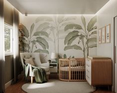 a baby's room decorated in neutral colors