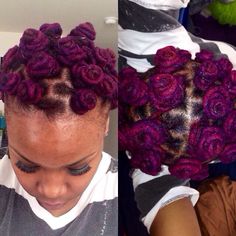 PURPLE BANTU KNOTS Bantu Locs, Purple Locs Black Women, Nubian Knots, Loc Crown, Purple Locs, Bantu Knot Styles, Locs Color, Locs Black Women, Loc Colors