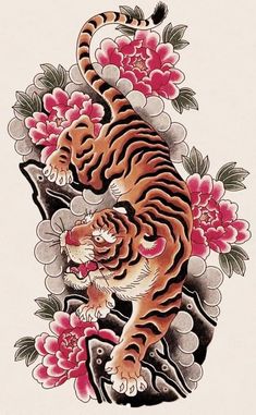 Japanese Tattoos Tiger, Japanese Tiger Tattoo Sleeve, Cat Tattoo Japanese, Neo Japanese Tattoo Designs, Tiger Arm Tattoo, Tiger Sleeve Tattoo, Danny Tattoo