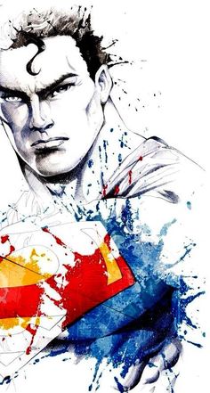 a drawing of a man with a superman symbol on it's chest and the colors of his shirt are splattered