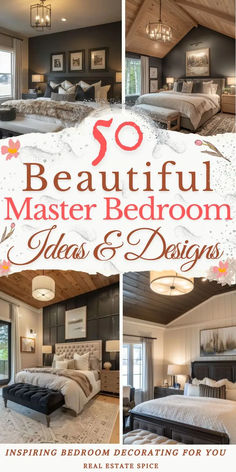 says 50 beautiful master bedroom ideas and designs with 4 images of master bedrooms bedding decor wall art throw pillows lamps ceiling lights decorated in beautiful designs below says inspiring bedroom decorating ideas for you Modern Fresh Bedroom, Entire Bedroom Ideas, Beautiful Master Bedrooms Modern, Primary Bedroom Ideas Traditional, Hotel Feel Bedroom Inspiration, Pretty Master Bedrooms Cozy, Luxury Bedroom Decor Ideas For Couples, High End Bedroom Design Luxury Interior, Bedroom Set Inspirations