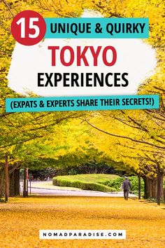 trees with yellow leaves and the text 15 unique & quirky tokyo experiences experts share their secrets