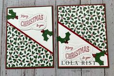 two christmas cards with holly designs on them