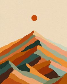 an abstract mountain scene with the sun in the sky and mountains on one side that are multicolored