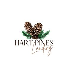 two pine cones sitting on top of each other next to the words hart pines landing