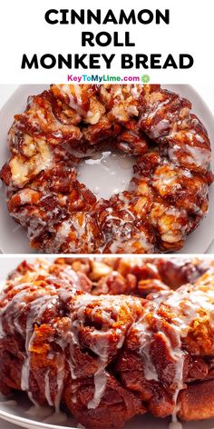 cinnamon roll monkey bread on a white plate with the title above it and bottom photo