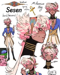 an anime character with pink hair and other characters around her head, wearing different outfits