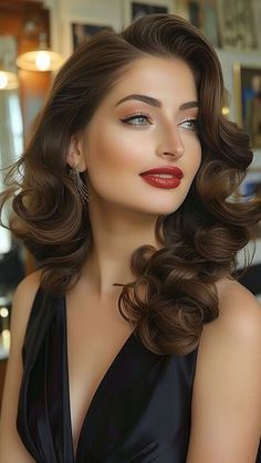 Curled Hollywood Hair, Classic Hair And Makeup Looks, 1920s Wedding Hair Long, Elegant Hairstyles For Round Faces, Hair Ideas For Prom All Down, Nail Ideas For Special Occasions, Old Hollywood Hairstyles Middle Part, Long Hairstyles For Photoshoot, Old Hollywood Waves Middle Part